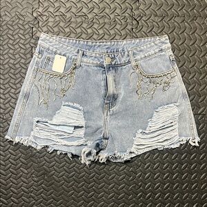 Denim Distressed Women Shorts with Rhinestone Chain Detail